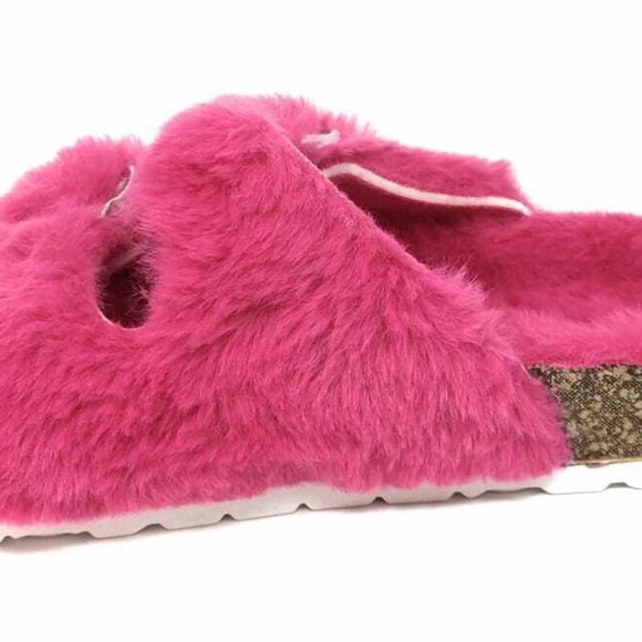 Womens Slippers Double Strap Faux Fur Slippers Double Buckle Open Toe Sandals - Picture 5 of 8